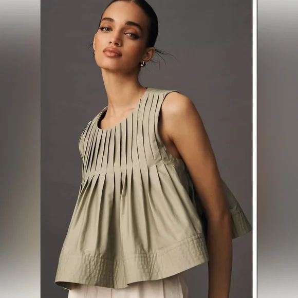 Mare Mare x Anthropologie Pleated Structured Swing Tank Top Moss Size Medium - Picture 1 of 6